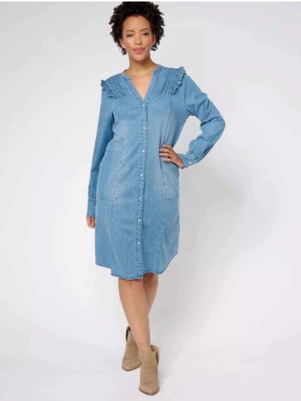 Denim & Co. Canyon Retreat Ruffle Long Sleeve Denim Dress-Light Wash-2X-A613736
